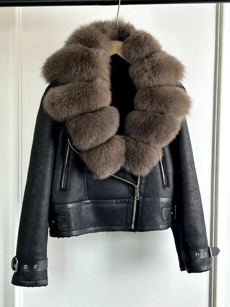 Fashion Women Faux Leather Jacket Winter Coat-Coats & Jackets-real fox fur-XS-Free Shipping Leatheretro