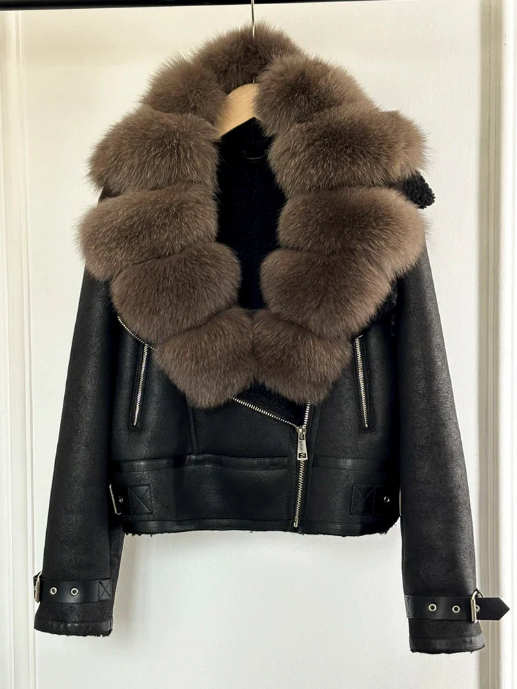 Fashion Women Faux Leather Jacket Winter Coat-Coats & Jackets-real fox fur-XS-Free Shipping Leatheretro