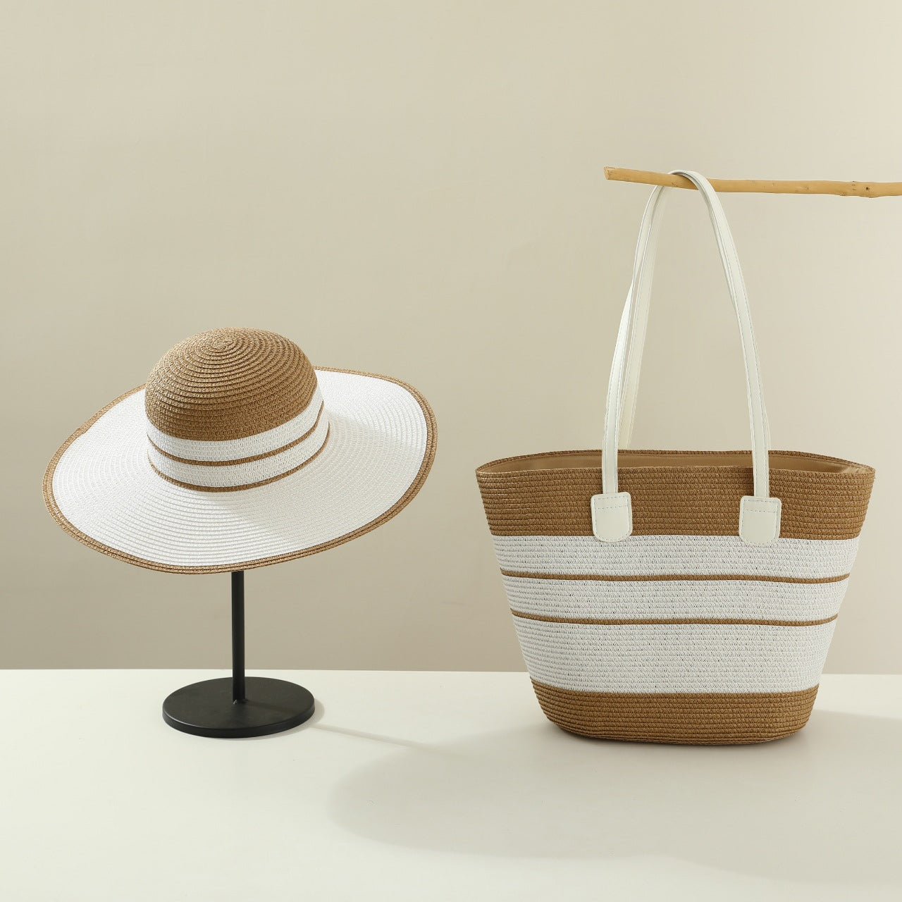 Handmade Designer Beach Straw Hat and Bag Set for Women-Tote Bag-Khaki-Free Shipping Leatheretro