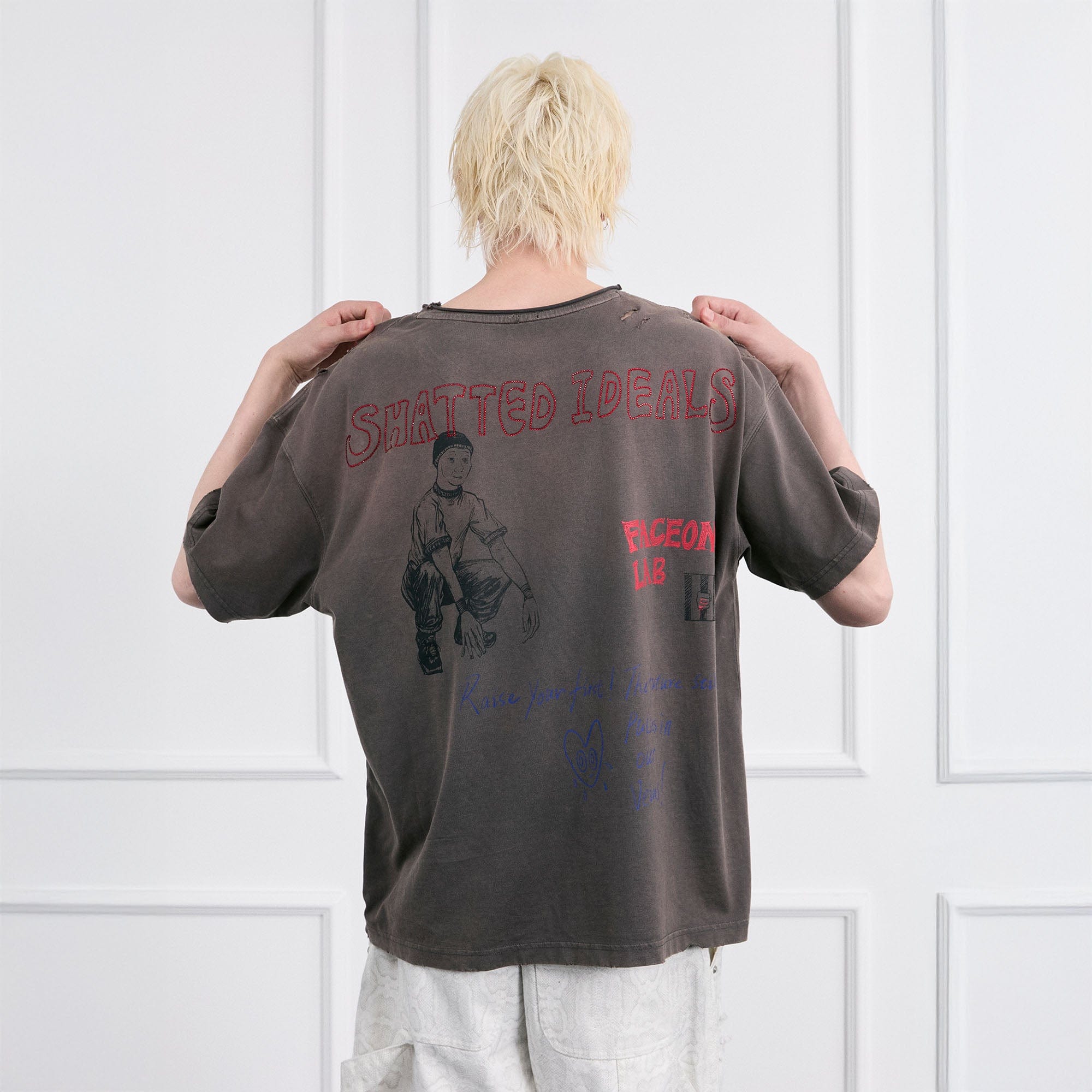 FACEONLAB Punk Graffiti Diamond Distressed T-Shirt-T Shirt-M-Gray-Free Shipping Leatheretro