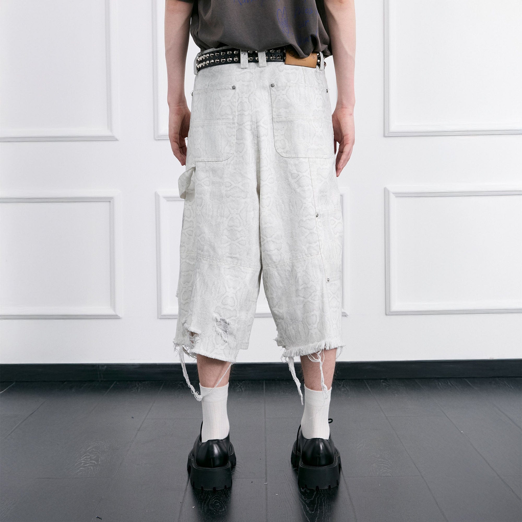 FACEONLAB Distressed Deconstructed Ripped Cargo Shorts-Shorts-M-White-Free Shipping Leatheretro