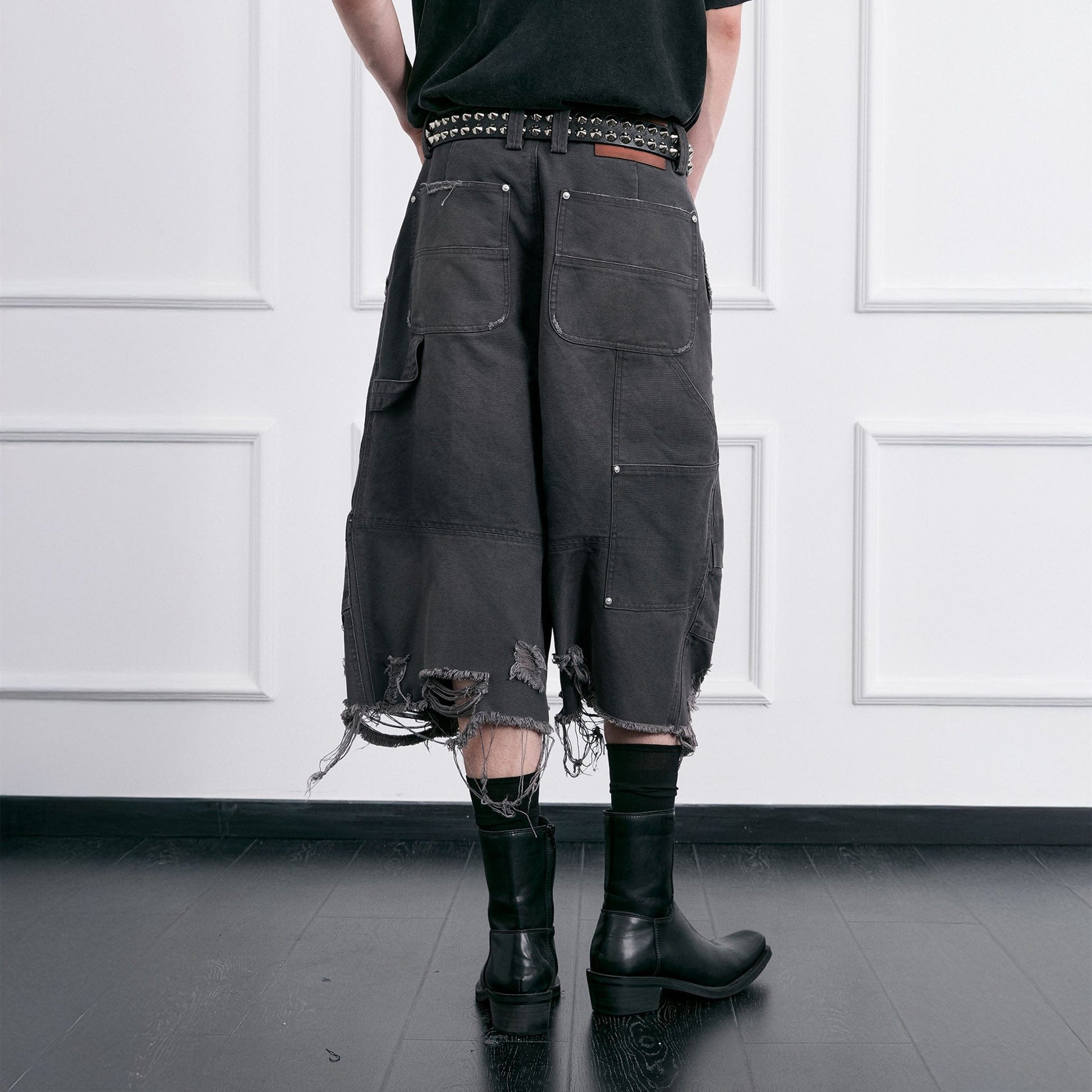 FACEONLAB Distressed Deconstructed Ripped Cargo Shorts-Shorts-M-White-Free Shipping Leatheretro