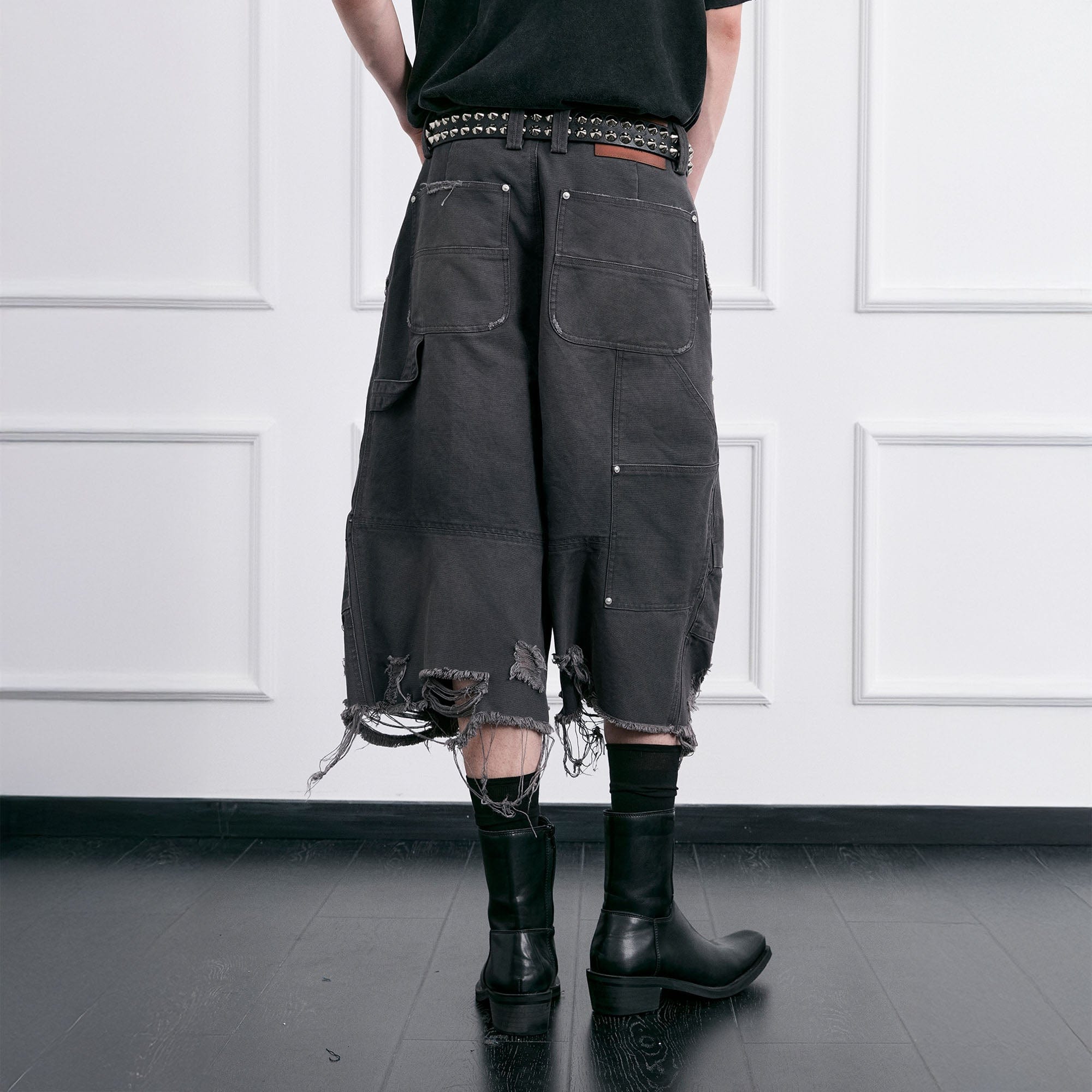 FACEONLAB Distressed Deconstructed Ripped Cargo Shorts-Shorts-M-White-Free Shipping Leatheretro