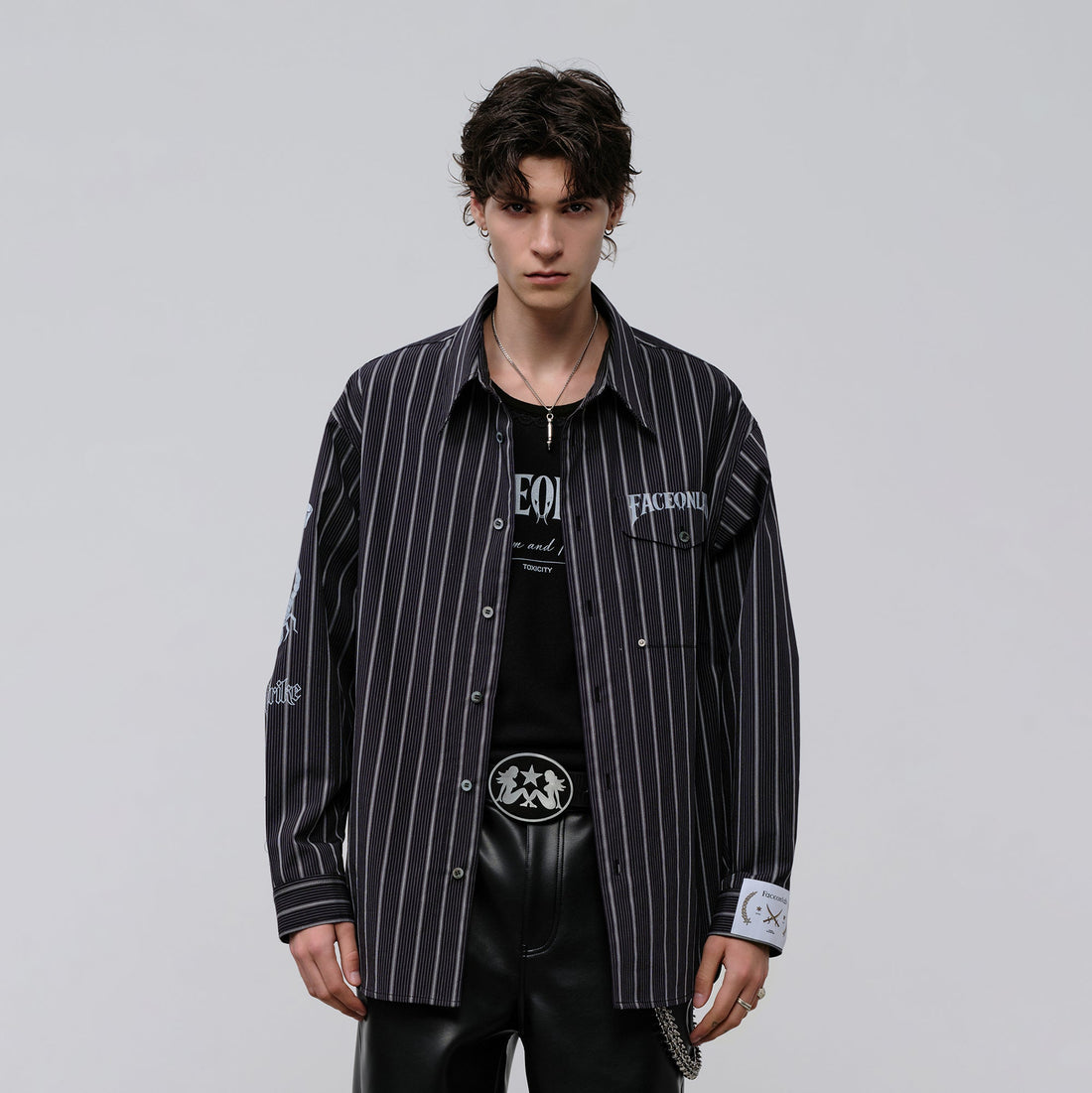 FACEONLAB Stripe Animal Graphic Relaxed Shirt Black-Shirt-M-Free Shipping Leatheretro