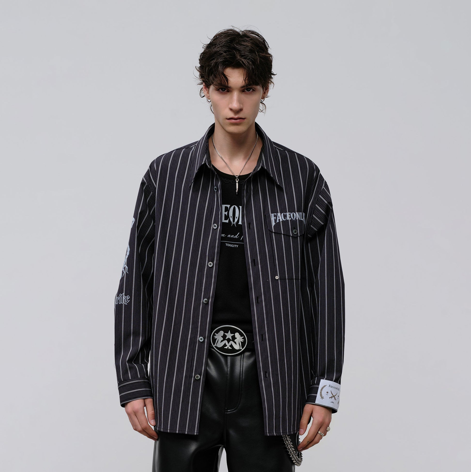 FACEONLAB Stripe Animal Graphic Relaxed Shirt Black-Shirt-M-Free Shipping Leatheretro