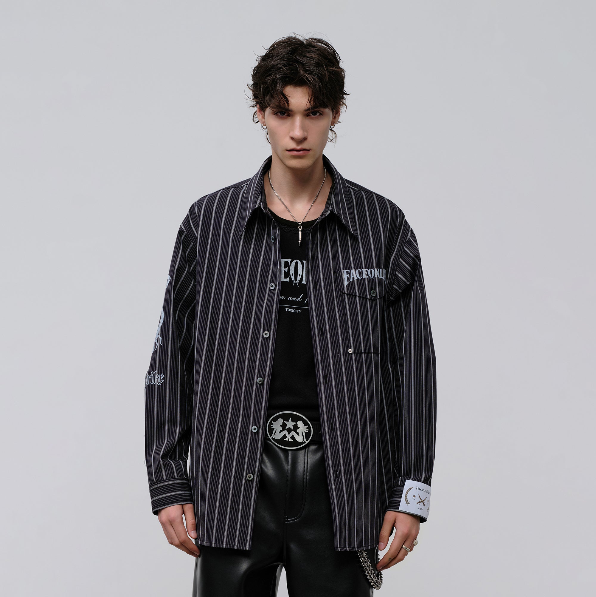 FACEONLAB Stripe Animal Graphic Relaxed Shirt Black-Shirt-M-Free Shipping Leatheretro