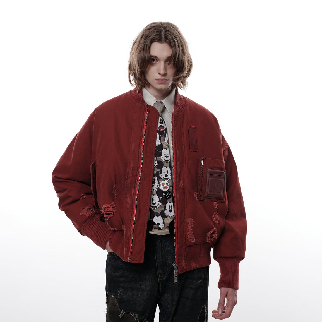 FACEONLAB Distressed Padded Bomber Jacket-Jacket-M-Free Shipping Leatheretro