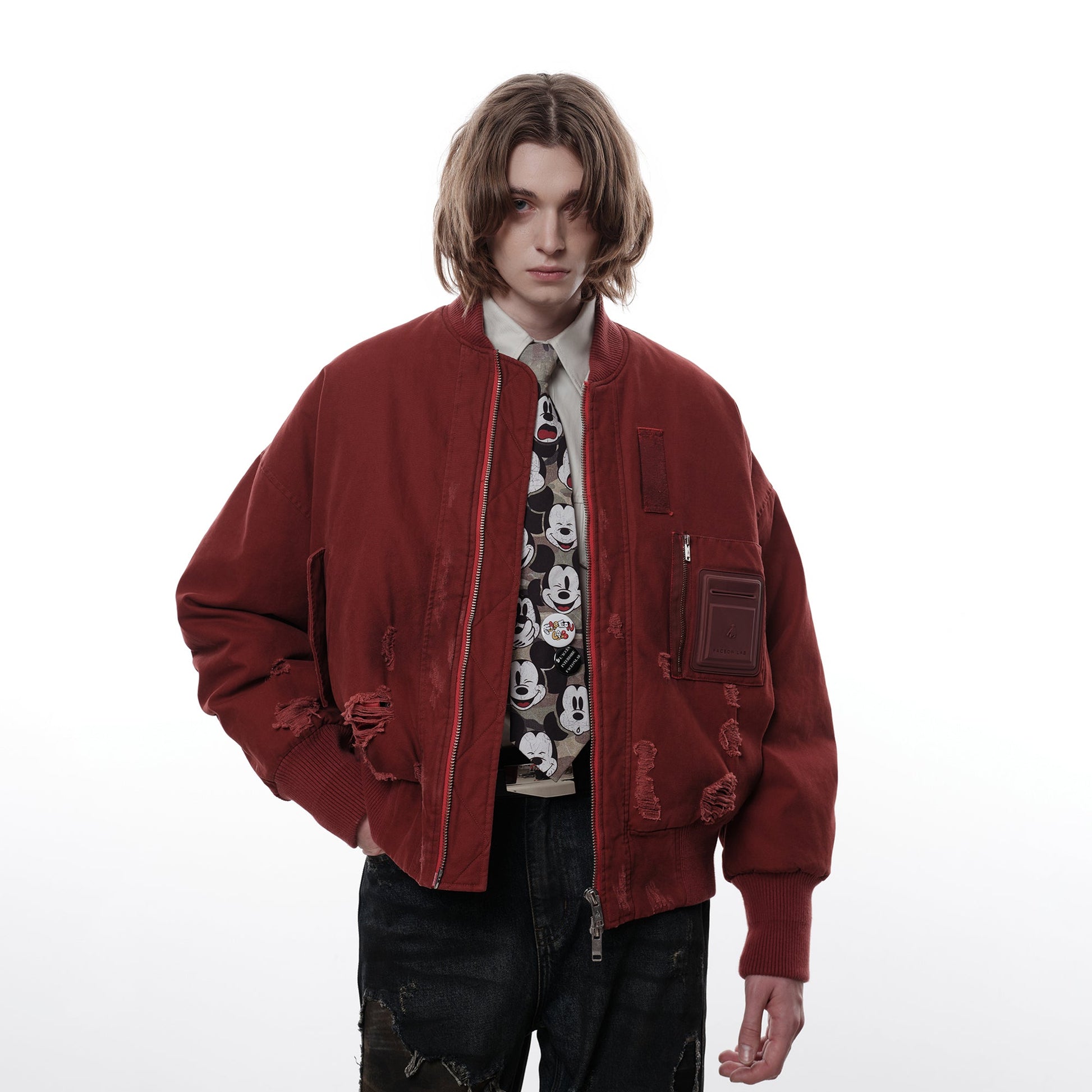 FACEONLAB Distressed Padded Bomber Jacket-Jacket-M-Free Shipping Leatheretro