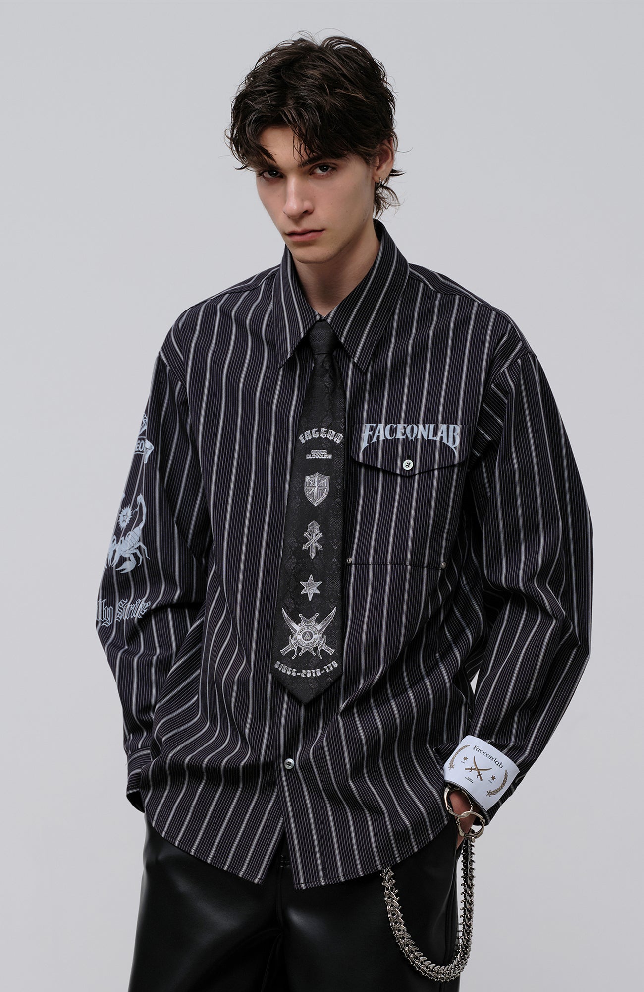FACEONLAB Stripe Animal Graphic Relaxed Shirt Black-Shirt-M-Free Shipping Leatheretro