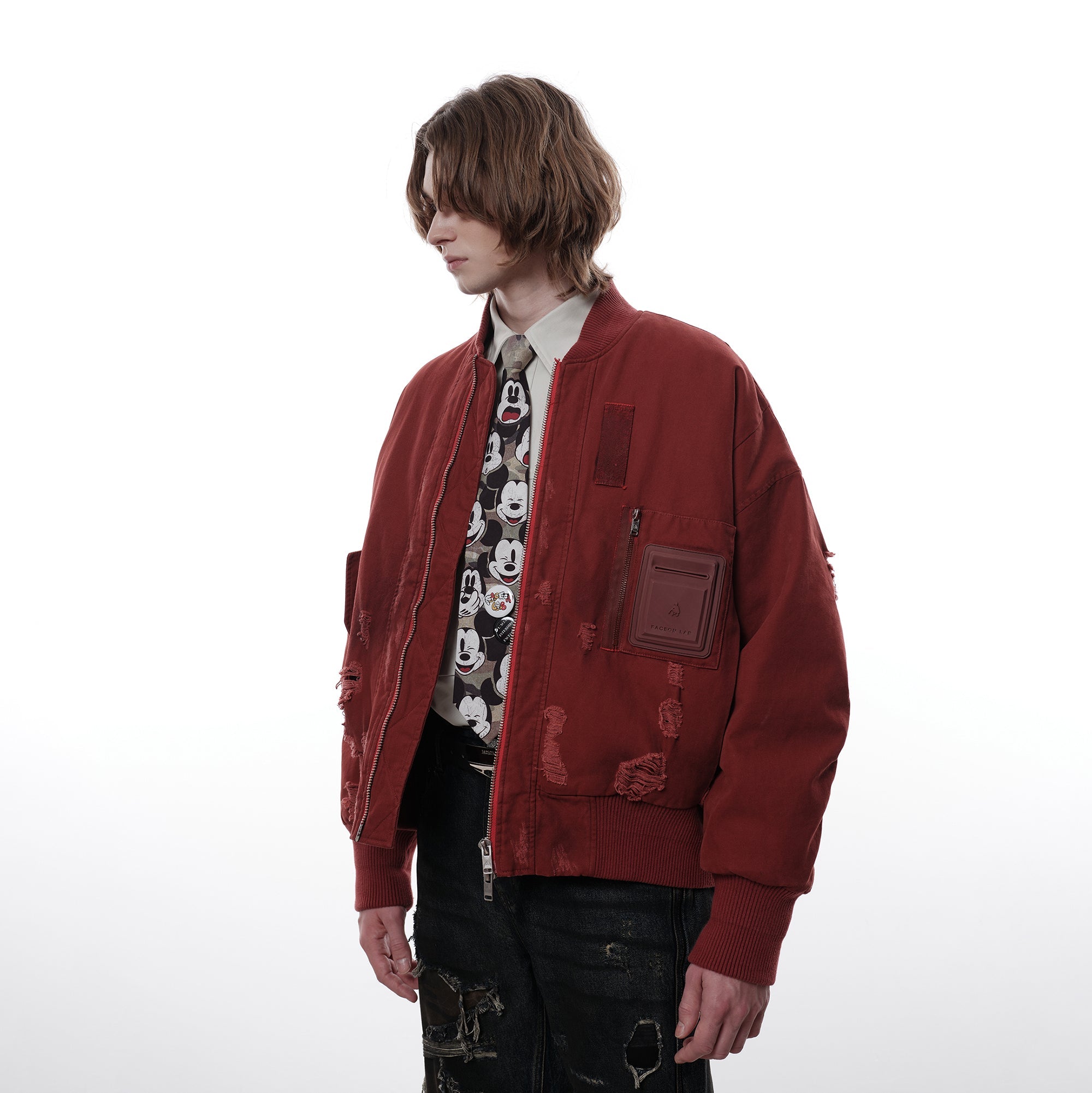 FACEONLAB Distressed Padded Bomber Jacket-Jacket-M-Free Shipping Leatheretro