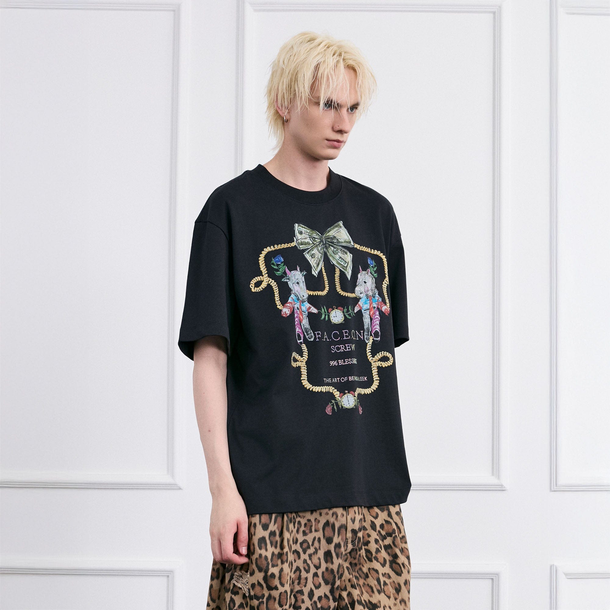 FACEONLAB Whimsical Cow and Horse T-Shirt-T Shirt-Black-S-Free Shipping Leatheretro