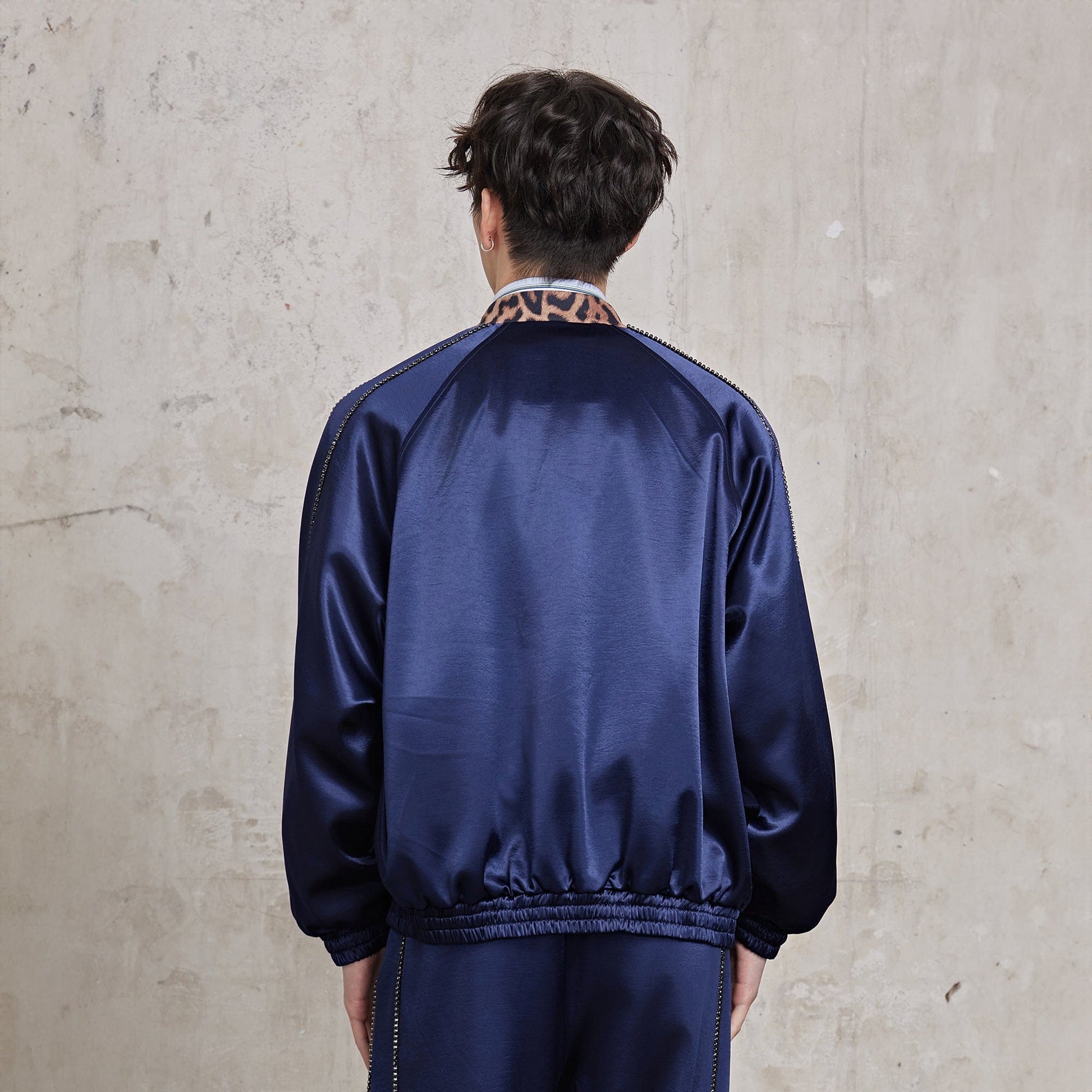 FACEONLAB Rivet Diamond Satin Leopard-Collar Jacket-Jacket-M-Blue-Free Shipping Leatheretro