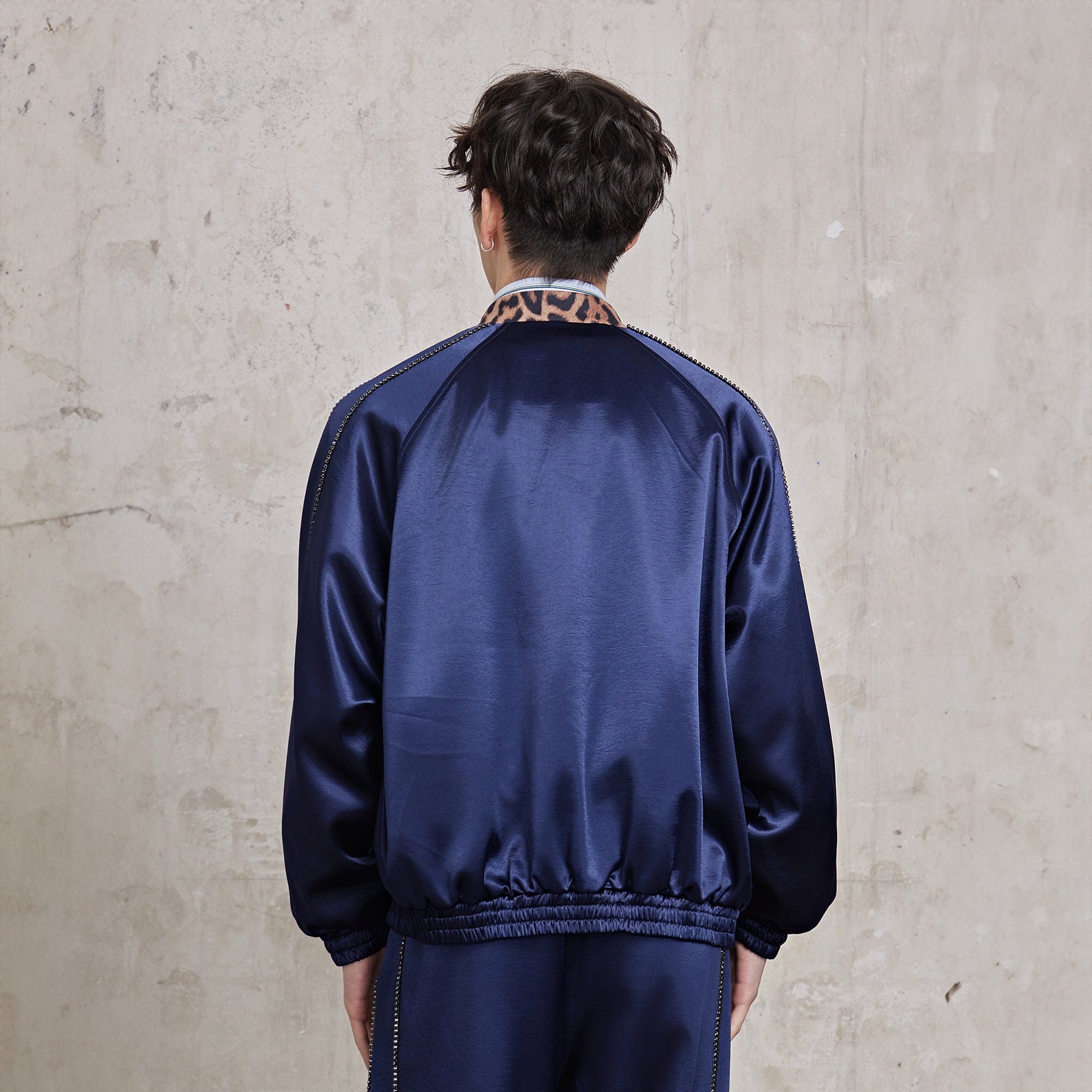 FACEONLAB Rivet Diamond Satin Leopard-Collar Jacket-Jacket-M-Blue-Free Shipping Leatheretro