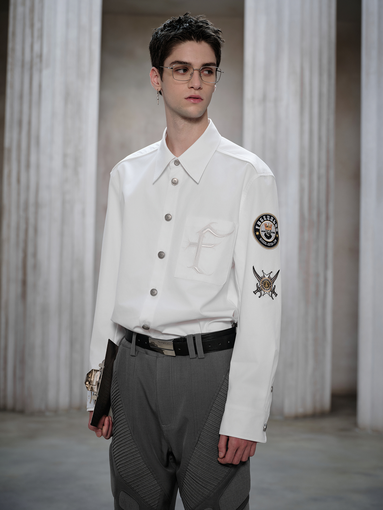 FACEONLAB Mental-Button Embroidered Badge-Patch Shirt White-Shirt-M-Free Shipping Leatheretro