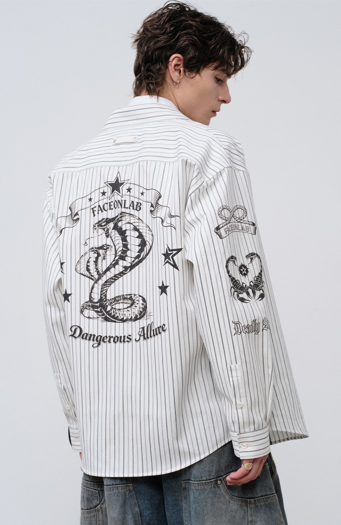 FACEONLAB Stripe Animal Graphic Relaxed Shirt White-Shirt-M-Free Shipping Leatheretro