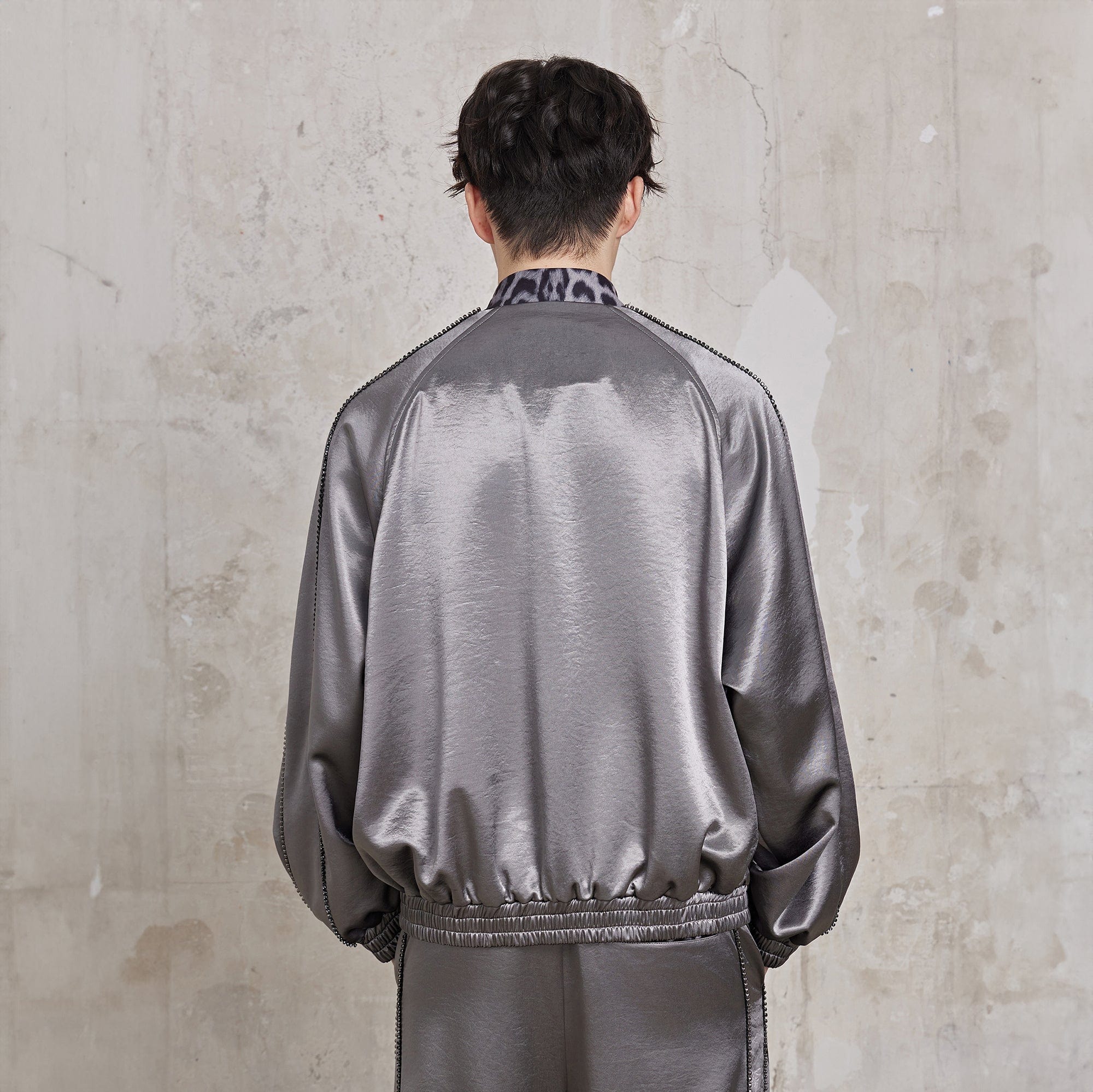 FACEONLAB Rivet Diamond Satin Leopard-Collar Jacket-Jacket-M-Blue-Free Shipping Leatheretro