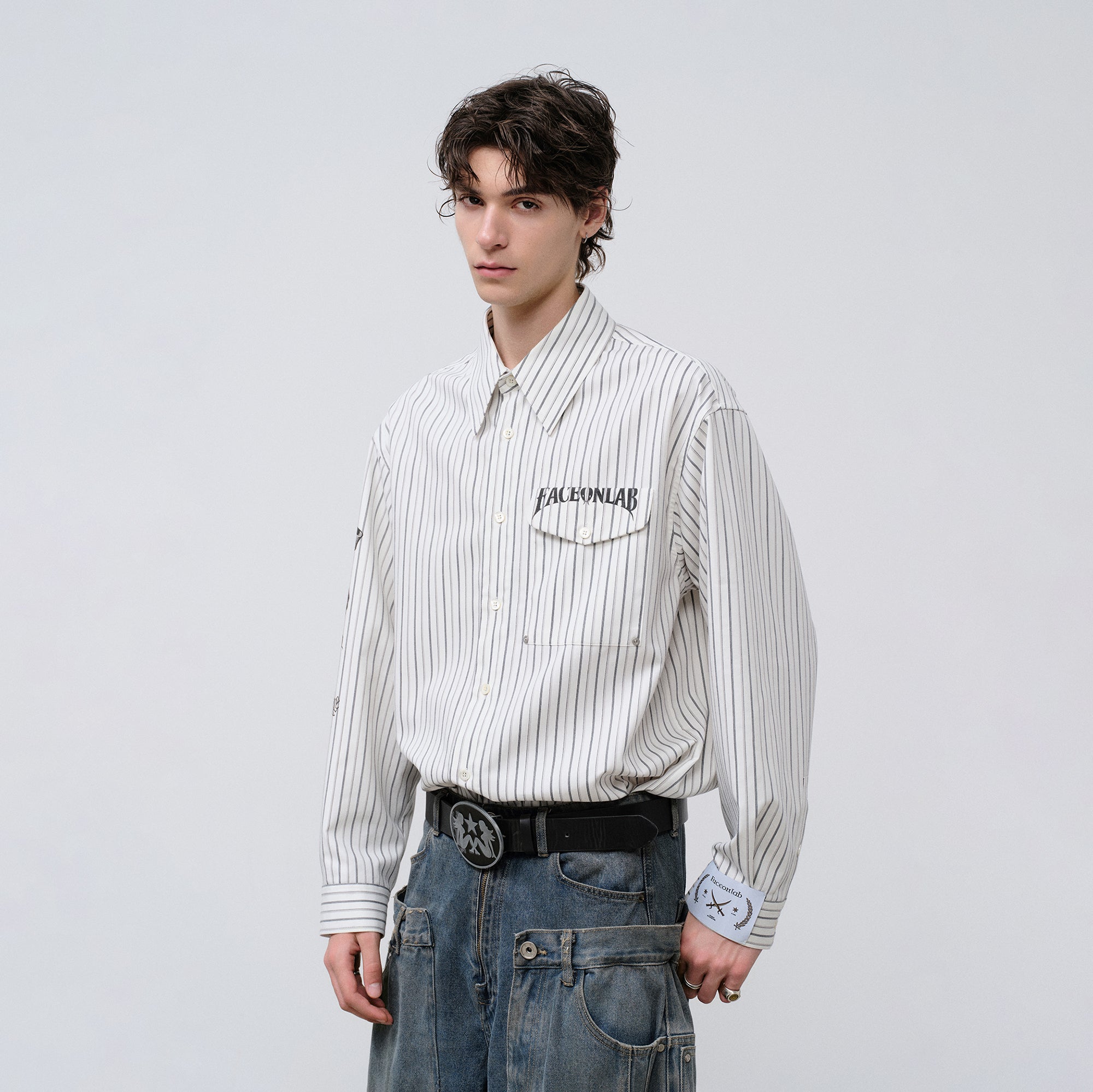FACEONLAB Stripe Animal Graphic Relaxed Shirt White-Shirt-M-Free Shipping Leatheretro