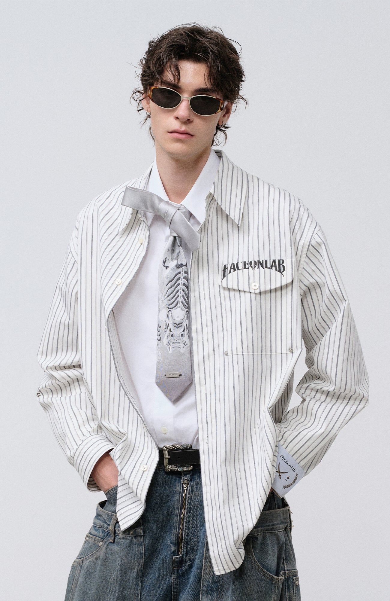 FACEONLAB Stripe Animal Graphic Relaxed Shirt White-Shirt-M-Free Shipping Leatheretro
