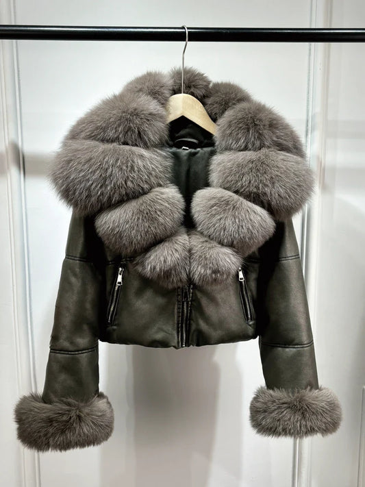 Fashion Fox Fur Women Winter Short PU Leather Jacket Warm Coat-Coats & Jackets-Gray Sleeve Fur-XS-Free Shipping Leatheretro