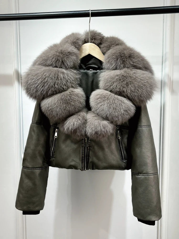 Fashion Fox Fur Women Winter Short PU Leather Jacket Warm Coat-Coats & Jackets-Gray Sleeve Fur-XS-Free Shipping Leatheretro