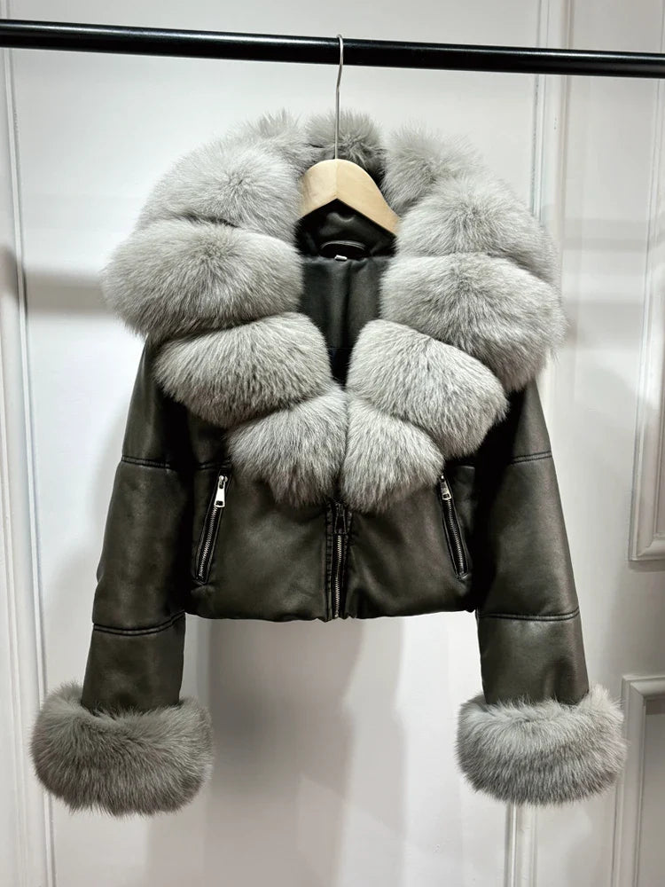 Fashion Fox Fur Women Winter Short PU Leather Jacket Warm Coat-Coats & Jackets-Gray Sleeve Fur-XS-Free Shipping Leatheretro