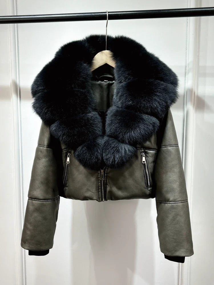 Fashion Fox Fur Women Winter Short PU Leather Jacket Warm Coat-Coats & Jackets-Black Fur-XS-Free Shipping Leatheretro