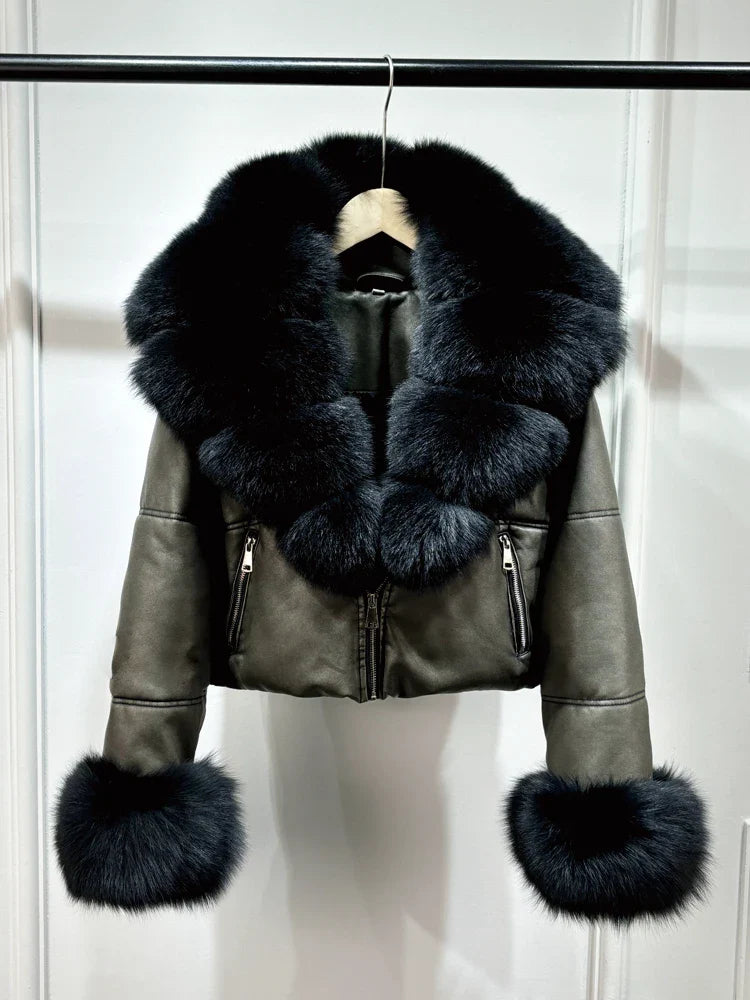 Fashion Fox Fur Women Winter Short PU Leather Jacket Warm Coat-Coats & Jackets-Black Sleeve Fur-XS-Free Shipping Leatheretro