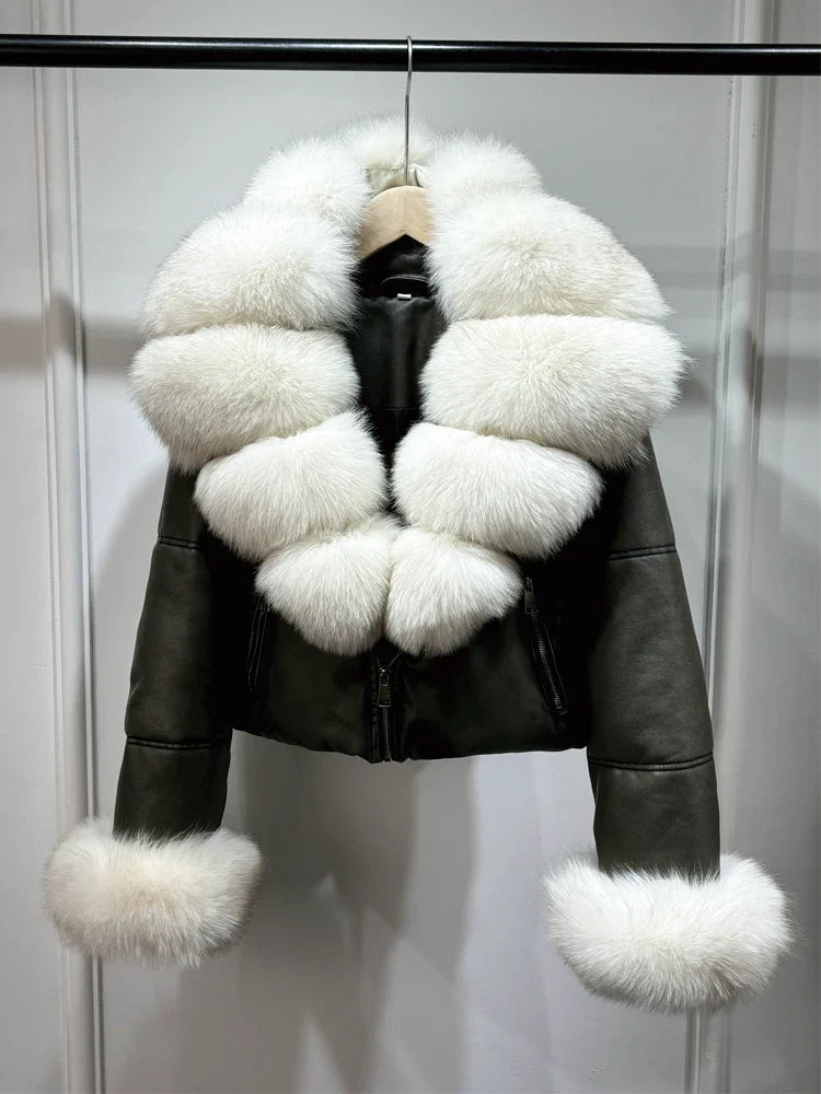 Fashion Fox Fur Women Winter Short PU Leather Jacket Warm Coat-Coats & Jackets-Beige Sleeve Fur-XS-Free Shipping Leatheretro