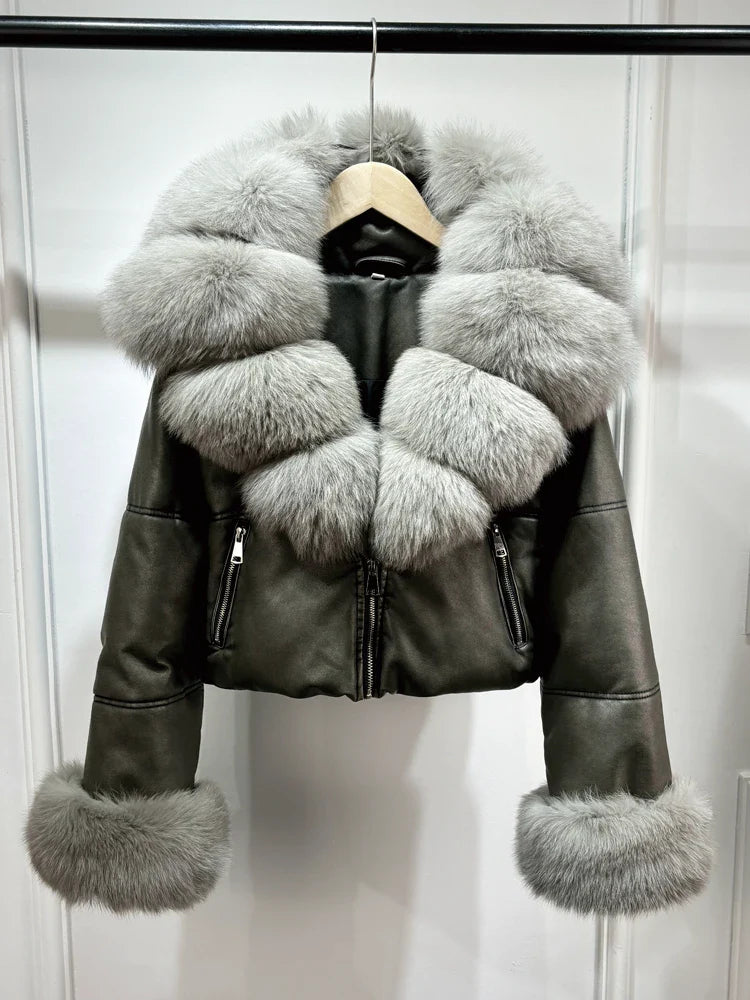 Fashion Fox Fur Women Winter Short PU Leather Jacket Warm Coat-Coats & Jackets-Gray Sleeve Fur-XS-Free Shipping Leatheretro