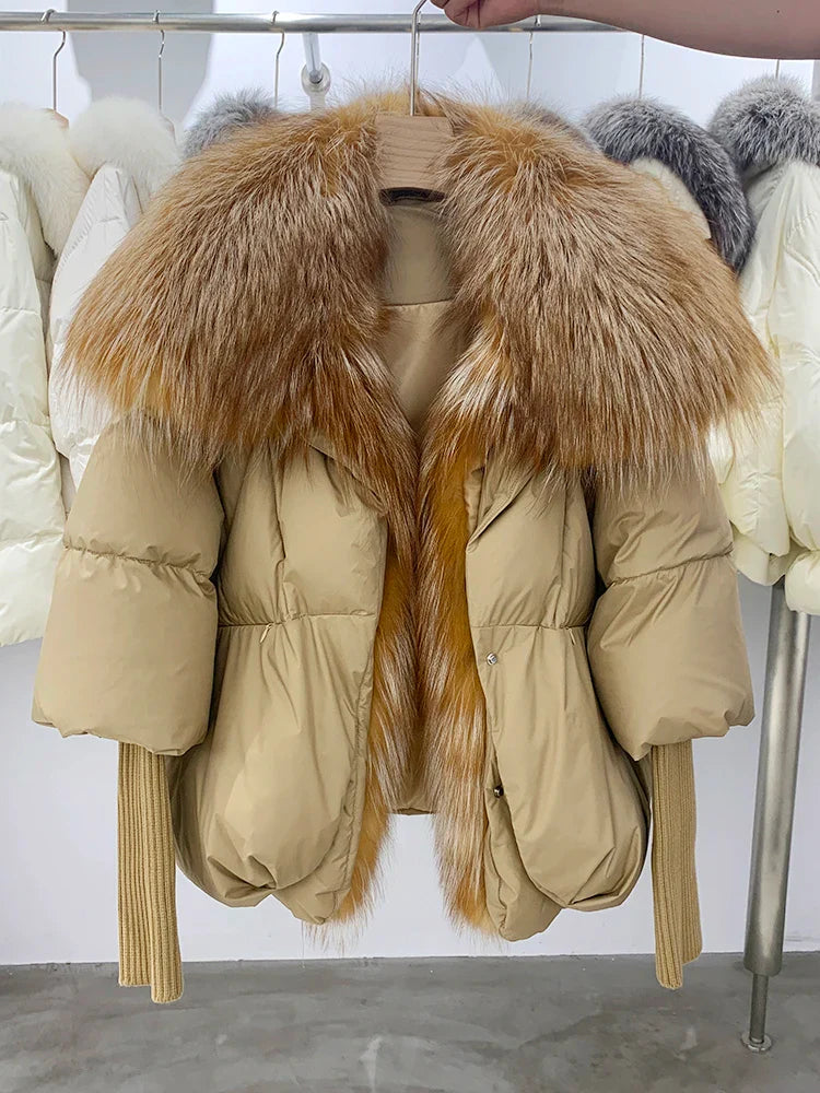 Fashion Winter Fox Fur Collar Women Warm Short Jacket Outerwear-Coats & Jackets-Khaki 2-S-Free Shipping Leatheretro