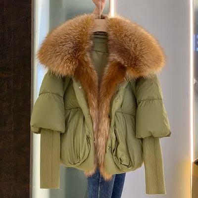 Fashion Winter Fox Fur Collar Women Warm Short Jacket Outerwear-Coats & Jackets-army green 2-S-Free Shipping Leatheretro