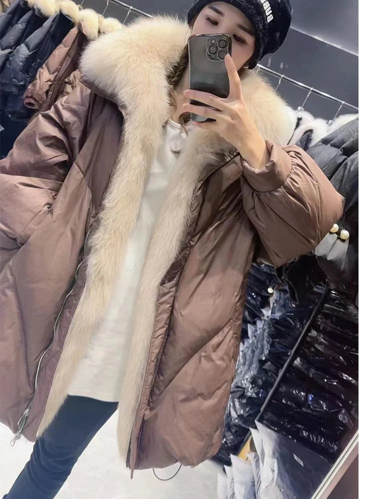 Fashion Fox Fur Winter Women Goose Down Jacket Coats-Coats & Jackets-Coffee-M-Free Shipping Leatheretro