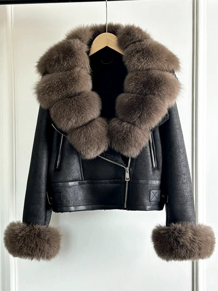 Fashion Winter Women Faux Fur Leather Jacket Coats-Coats & Jackets-add Brown Sleeve Fur-XS-Free Shipping Leatheretro