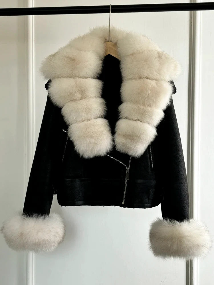 Fashion Winter Women Faux Fur Leather Jacket Coats-Coats & Jackets-add Beige Sleeve Fur-XS-Free Shipping Leatheretro