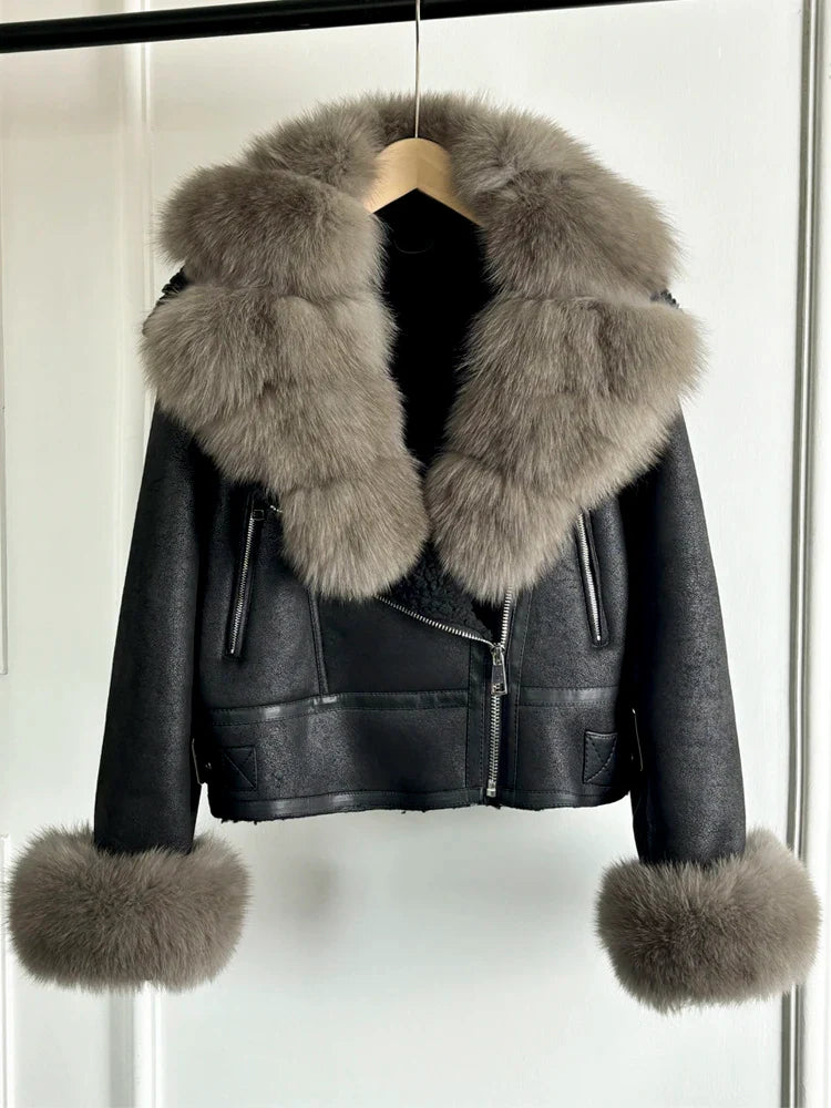 Fashion Winter Women Faux Fur Leather Jacket Coats-Coats & Jackets-add Gray Sleeve Fur-XS-Free Shipping Leatheretro