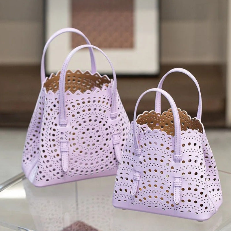 French Handmade Cowhide Leather Tote Bag - Vegetable Basket Versatile Handbag-Shopper Bag-Lavender Purple-Width 18 cm * Height 16 cm * Depth 8.5 cm-Free Shipping Leatheretro