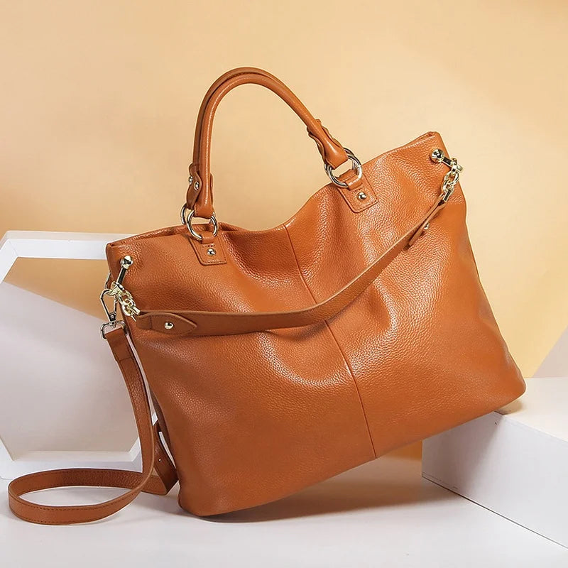Luxury Cowhide Large Capacity Shoulder Bag-Handbags-Earth Yelllow-Free Shipping Leatheretro
