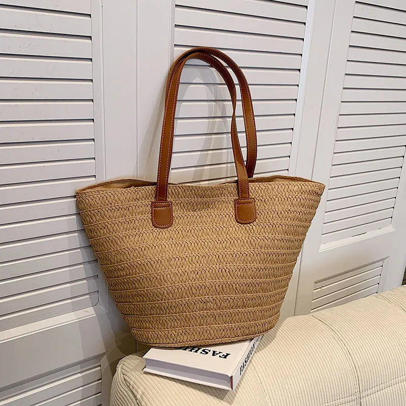 Luxury Designer Straw Tote Bag for Women-Tote Bag-Beige-Free Shipping Leatheretro