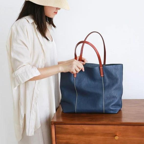 Luxury Genuine Leather Casual Tote Bag-Tote Bag-Blue-Free Shipping Leatheretro