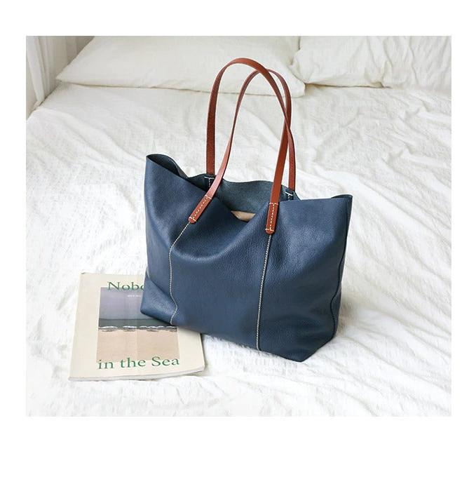 Luxury Genuine Leather Casual Tote Bag-Tote Bag-Blue-Free Shipping Leatheretro