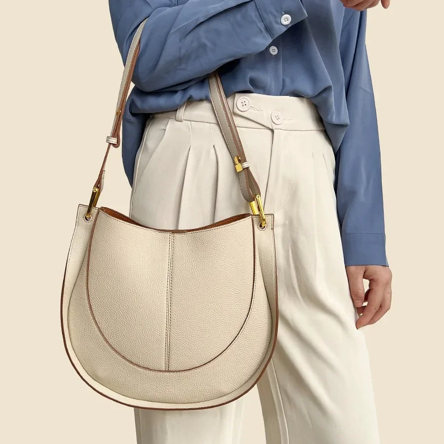 Luxury Soft Leather Crossbody Saddle Bag-Handbags-Beige-Free Shipping Leatheretro