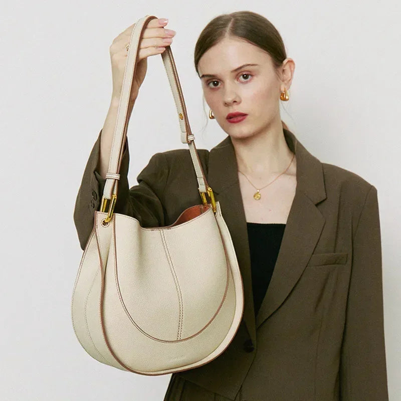 Luxury Soft Leather Crossbody Saddle Bag-Handbags-Beige-Free Shipping Leatheretro