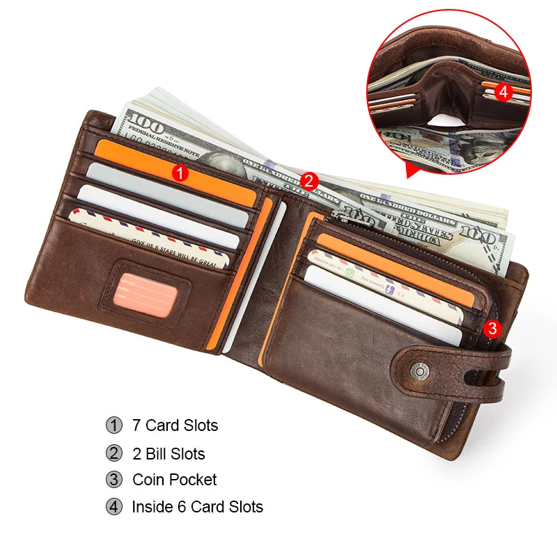 Men's Crazy Horse Leather Short Coin Purse & Wallet-Wallets & Money Clips-Coffee-Free Shipping Leatheretro