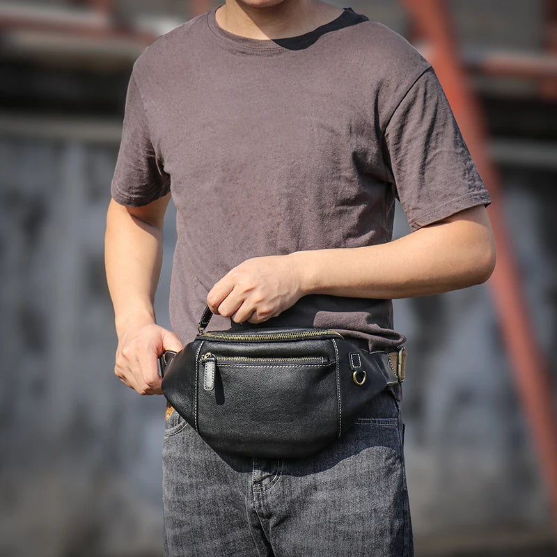 Men's Genuine Leather Chest Bag Outdoor Sports Waist Bag-Chest Bags-Black-Free Shipping Leatheretro