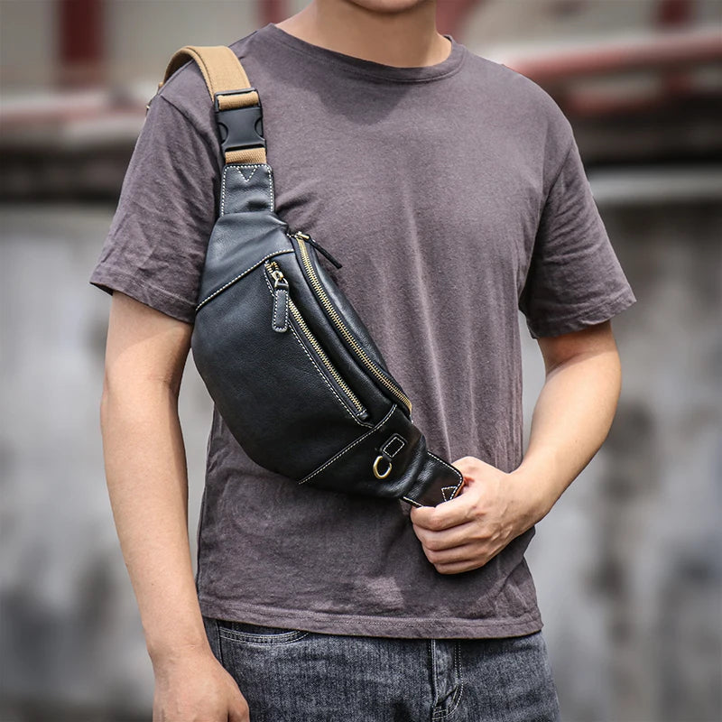 Men's Genuine Leather Chest Bag Outdoor Sports Waist Bag-Chest Bags-Black-Free Shipping Leatheretro