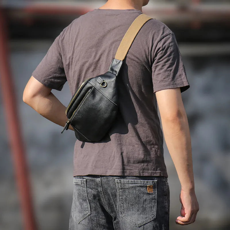Men's Genuine Leather Chest Bag Outdoor Sports Waist Bag-Chest Bags-Black-Free Shipping Leatheretro