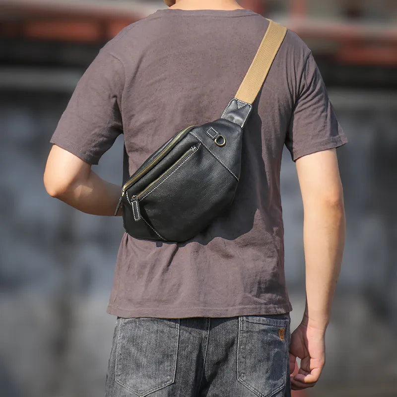 Men's Genuine Leather Chest Bag Outdoor Sports Waist Bag-Chest Bags-Black-Free Shipping Leatheretro