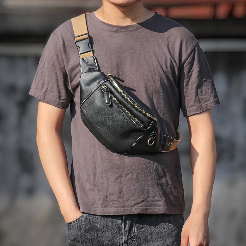 Men's Genuine Leather Chest Bag Outdoor Sports Waist Bag-Chest Bags-Black-Free Shipping Leatheretro