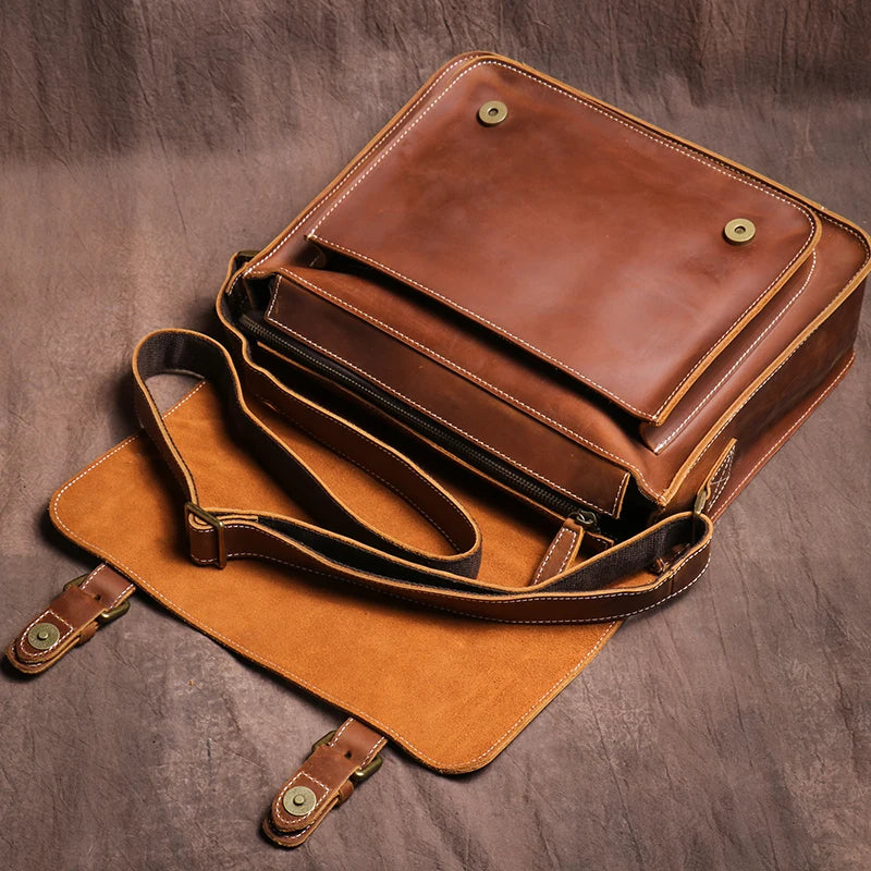 Men's Genuine Leather Crossbody Classic Cambridge Bag-Briefcase-Brown-Free Shipping Leatheretro