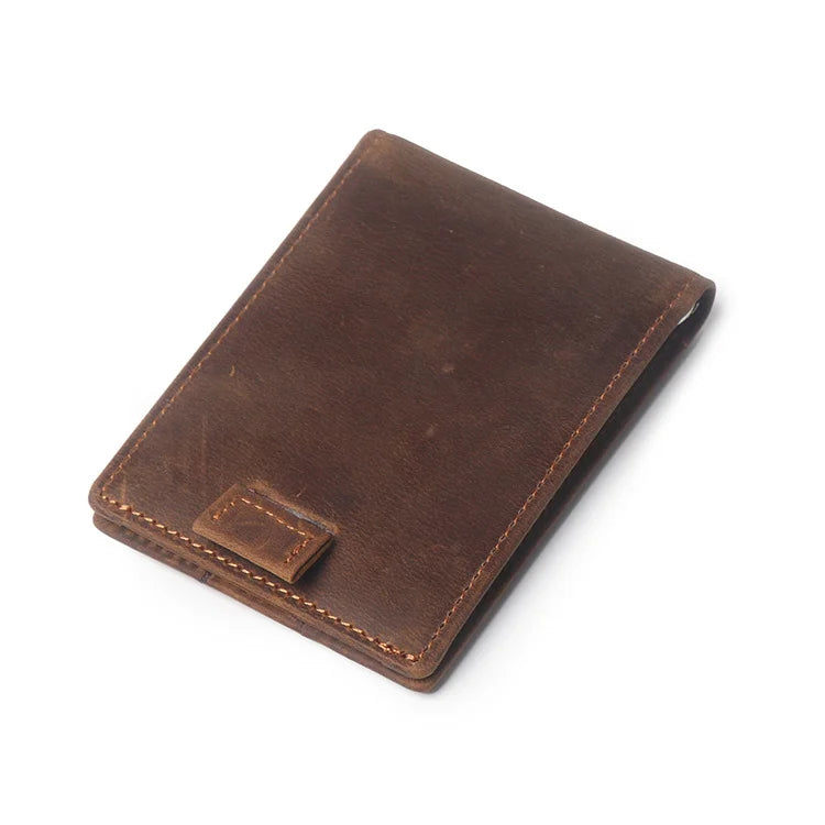 Men’s Slim Leather Card Holder Wallet – Genuine Cowhide with Dollar Clip-Wallets & Money Clips-Dark Brown-Free Shipping Leatheretro
